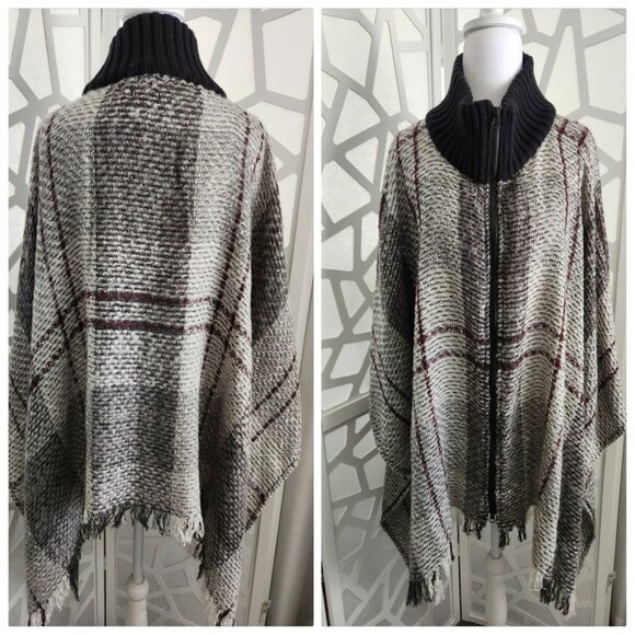INC Poncho/Sweater Grey & Black Tones with Knit Collar & 2 way Zipper Brand New - Picture 1 of 6